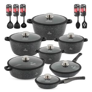Cookware Set 29 pieces with Multiple Layer Granite Coating and Silicone Handles