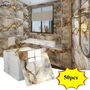 50pcs ZZBZZ Self-Adhesive Vinyl Wall Panels - Waterproof Peel & Stick PVC Tiles Suitable for Bathroom, Kitchen, Living Room - Marble, Wood Grain, Stone Texture (Removable Modern & TV Backdrop) - Easy-Clean Surface, DIY-Friendly
